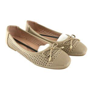 Womens Ballet Flats Faux Leather Laser Cut Bow Beige Nude Shoes Size 41 US 10